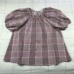Never a Wallflower Top Womens Small Burgundy Plaid Gathered Jewel Neck Puff USA